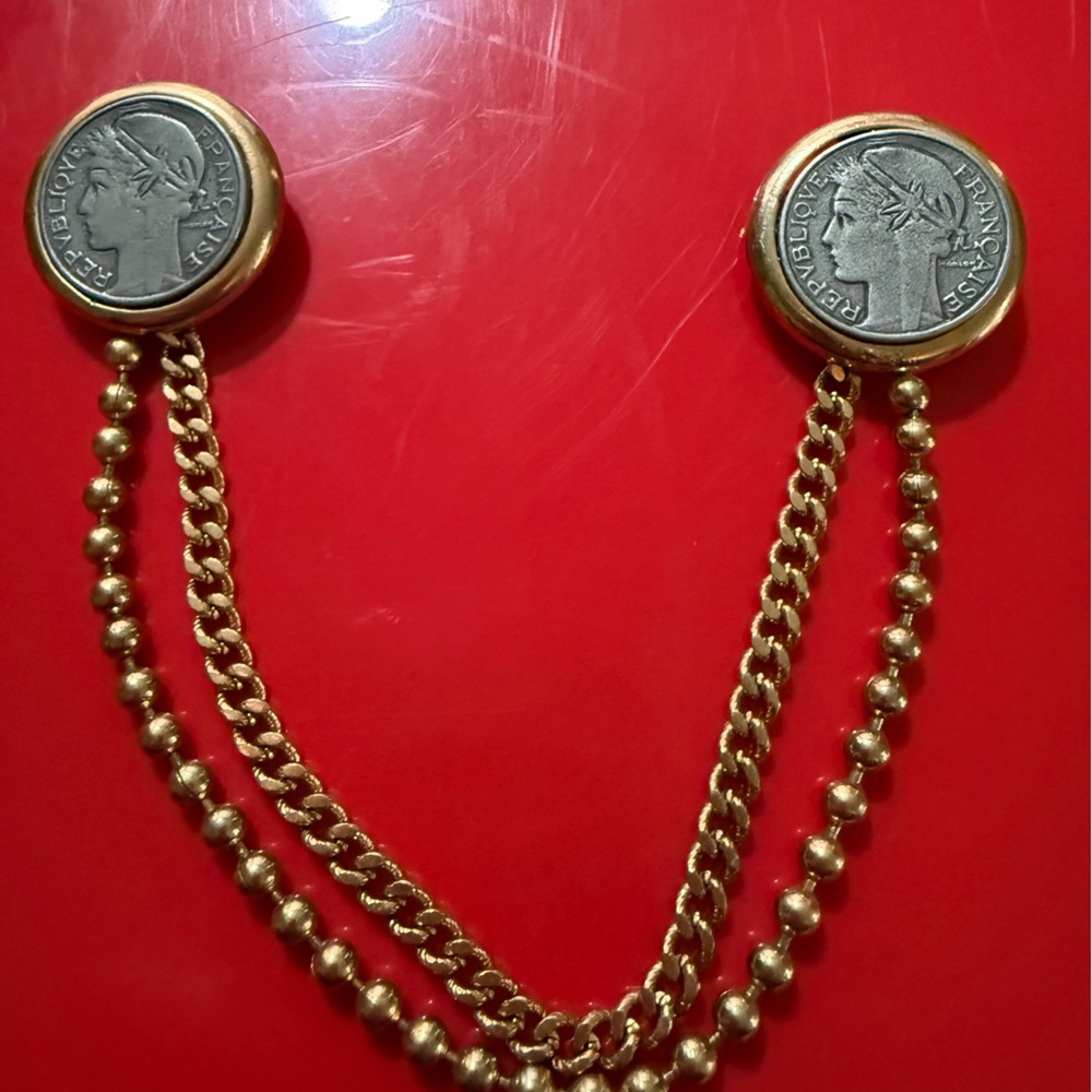 Vintage 2 French coin  pin chain unique, vintage piece rare unusual double pin